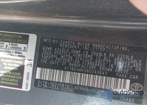 2008 Toyota Camry Le z USA, uszkodzony, nr VIN 4T1BE46K58U240641